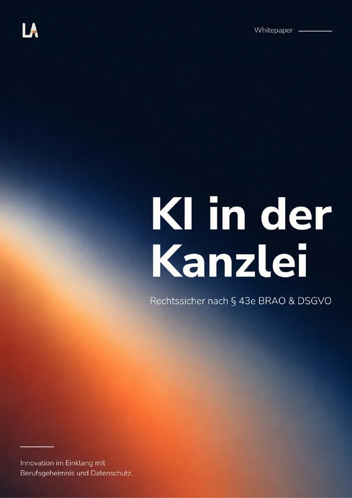 Titelseite des Whitepapers „KI in der Kanzlei – Rechtssicher nach § 43e BRAO & DSGVO“
