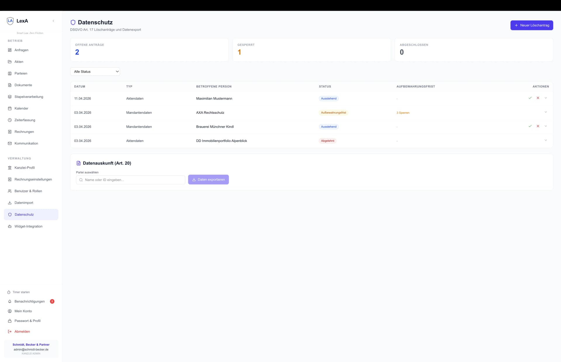 DSGVO-Dashboard mit Löschanträgen und Datenauskunft