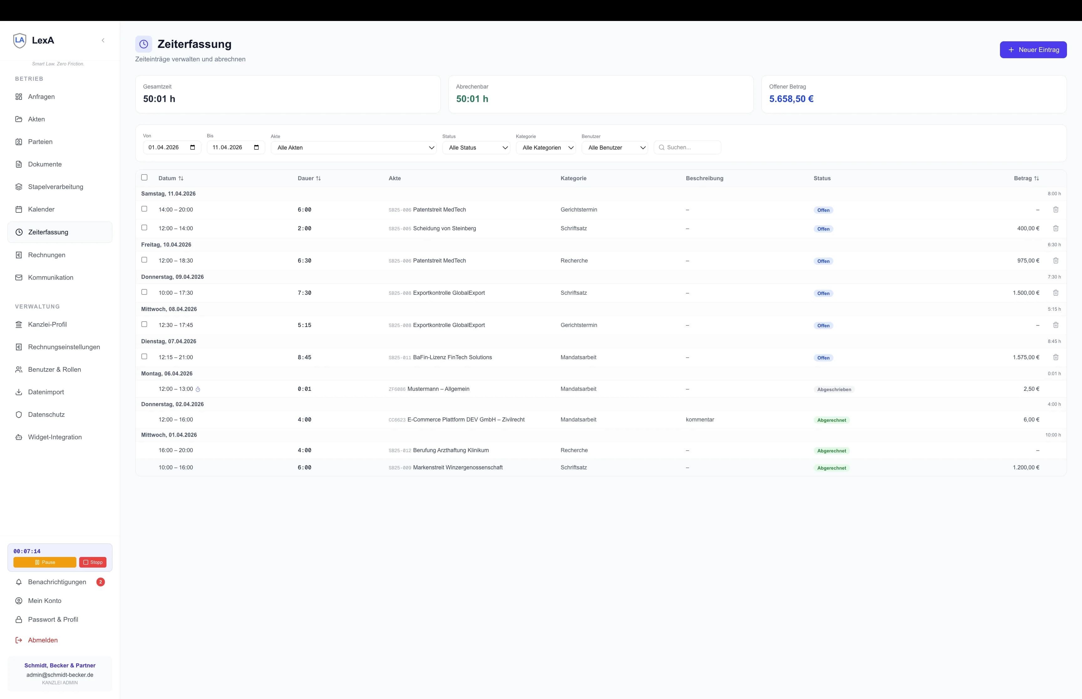 Zeiterfassung über eine volle Woche mit 56 Stunden