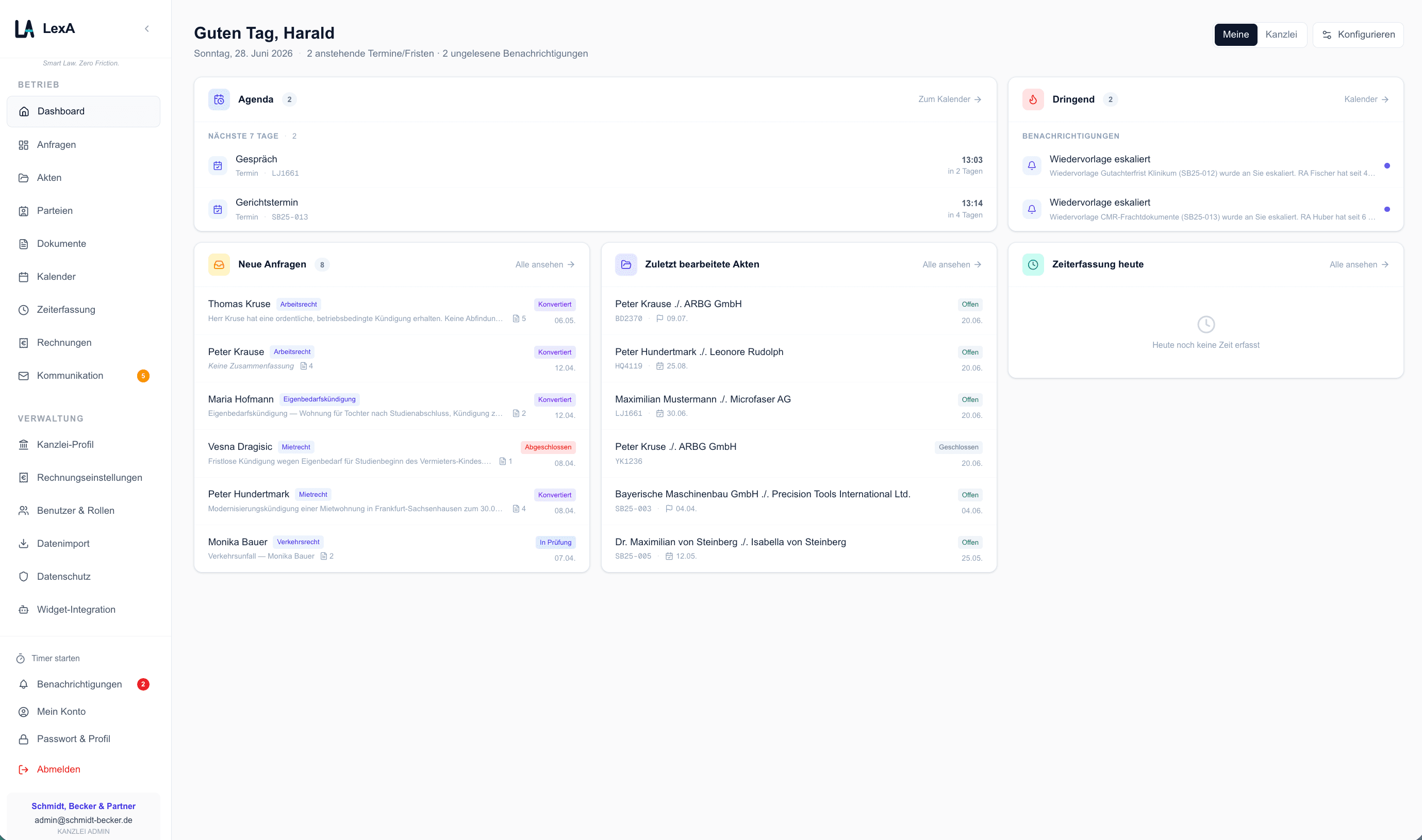 LexA Dashboard mit Agenda, Anfragen und Aktenübersicht