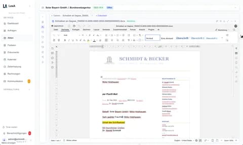 OnlyOffice-Editor in der Akte mit Kanzlei-Briefkopf